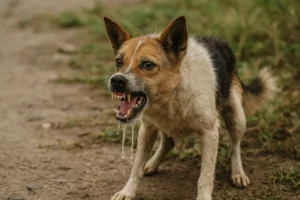 Chien malade rage sur chemin de terre