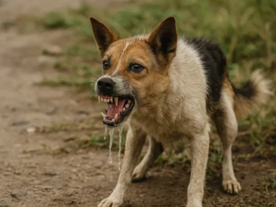 Chien malade rage sur chemin de terre
