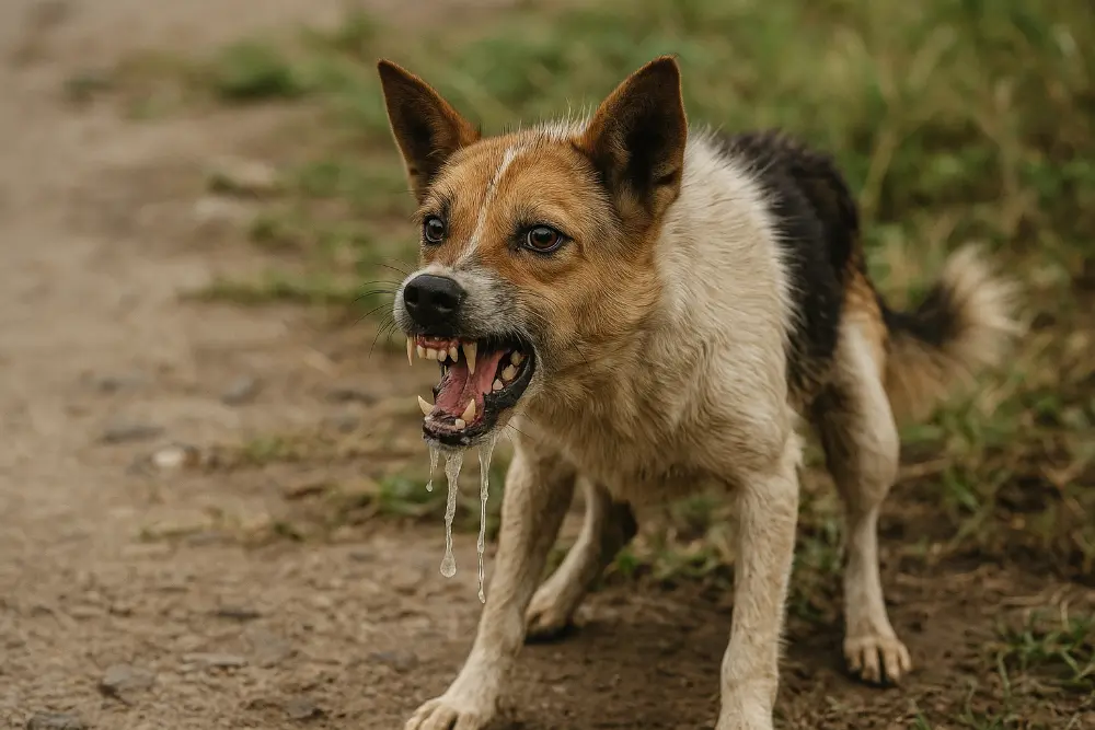 Chien malade rage sur chemin de terre