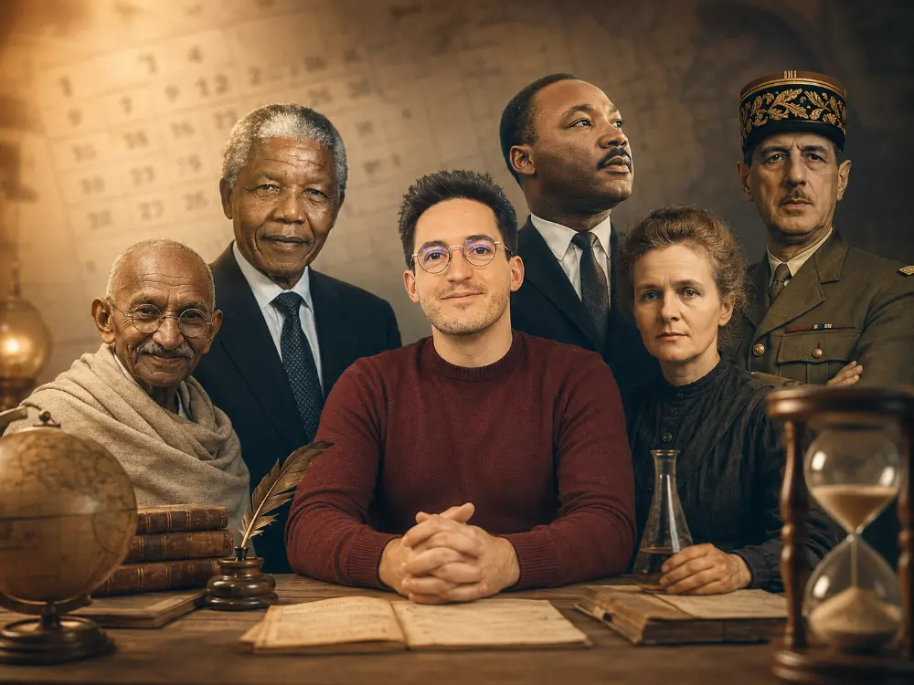 Portrait de Sébastien Lett pour la page À propos d’Ephéméride du Jour, entouré de grandes figures historiques, d’un sablier et de symboles du temps