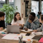 Journée internationale de la jeunesse. Jeunes gens qui travaillent en équipe.