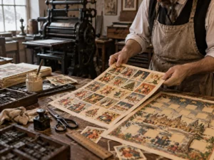Artisan imprimeur préparant un calendrier de l’Avent illustré dans un atelier allemand du début du XXe siècle.