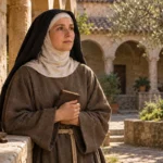 Bienheureuse Aimée d’Assise en sœur pauvre dans un cloître évoquant Saint-Damien