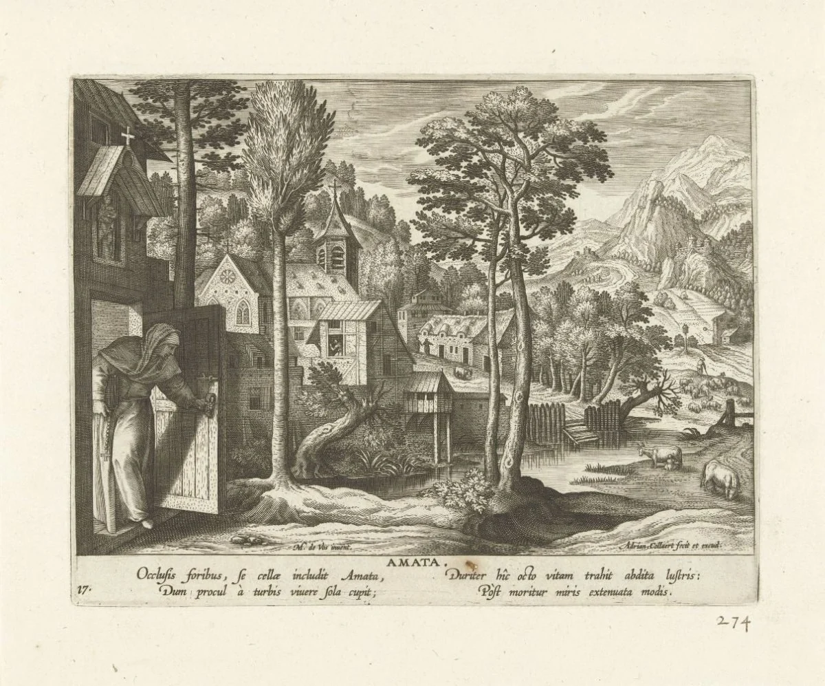 Bienheureuse Aimée d’Assise : Aimée d’Assise représentée devant son couvent, gravure d’Adriaen Collaert.