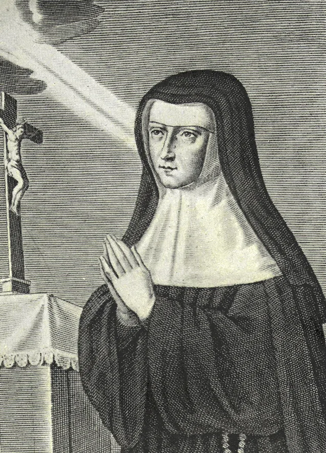 Bienheureuse Alix Le Clerc : Gravure d’Alix Le Clerc en habit religieux, les mains jointes.