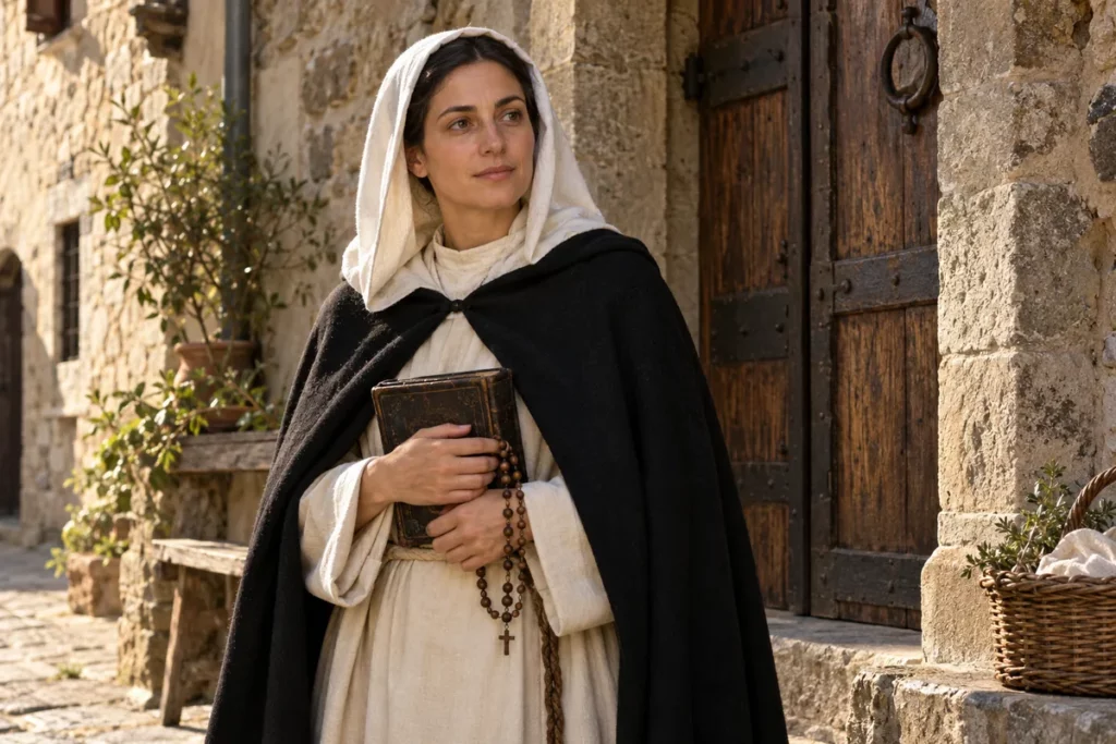 Bienheureuse Bienvenue Bojani avec un livre et un chapelet, selon sa tradition dominicaine