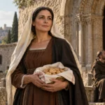 Bienheureuse Jacqueline de Settesoli tenant une corbeille de biscuits dans un décor franciscain