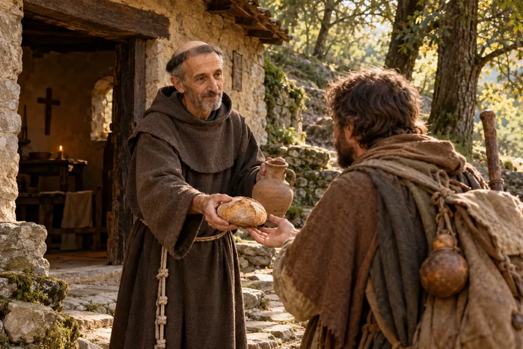 Le bienheureux Guy de Cortone : Bienheureux Guy de Cortone en franciscain, avec pain et eau pour un voyageur