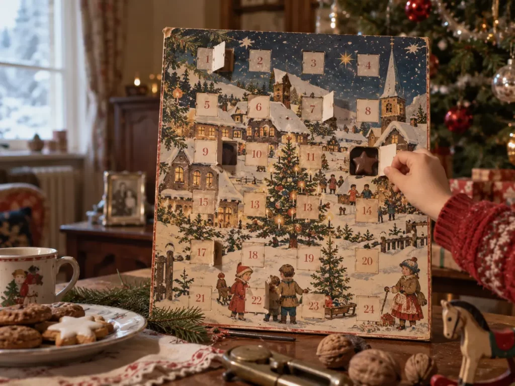 Calendrier de l’Avent vintage au chocolat, avec une main d’enfant ouvrant une fenêtre révélant un chocolat en forme d’étoile