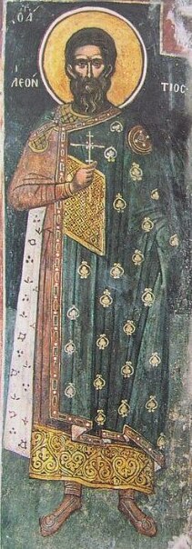 Saint Léonce de Tripoli dans une fresque du monastère de Dionysiou au mont Athos, peinte par Tzortzis Phouka en 1547.