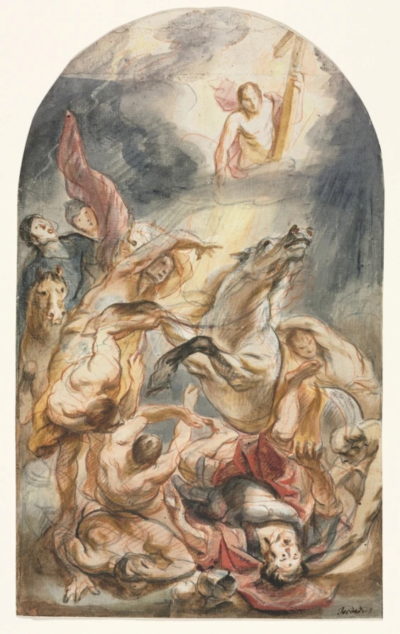 La conversion de saint Paul : Saul renversé au milieu des chevaux et des figures, sous le Christ portant une croix, dans un dessin de Jordaens.