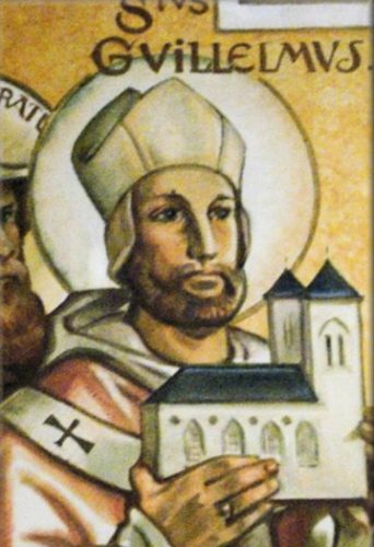 Saint Guillaume de Bourges : Guillaume de Bourges portant une mitre et un pallium, avec une église dans les mains.