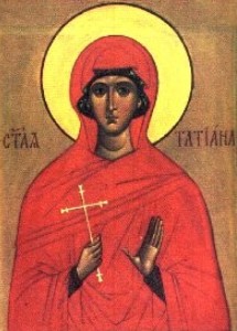 Sainte Tatiana de Rome : Icône de Tatiana vêtue de rouge, tenant une croix et levant la main.
