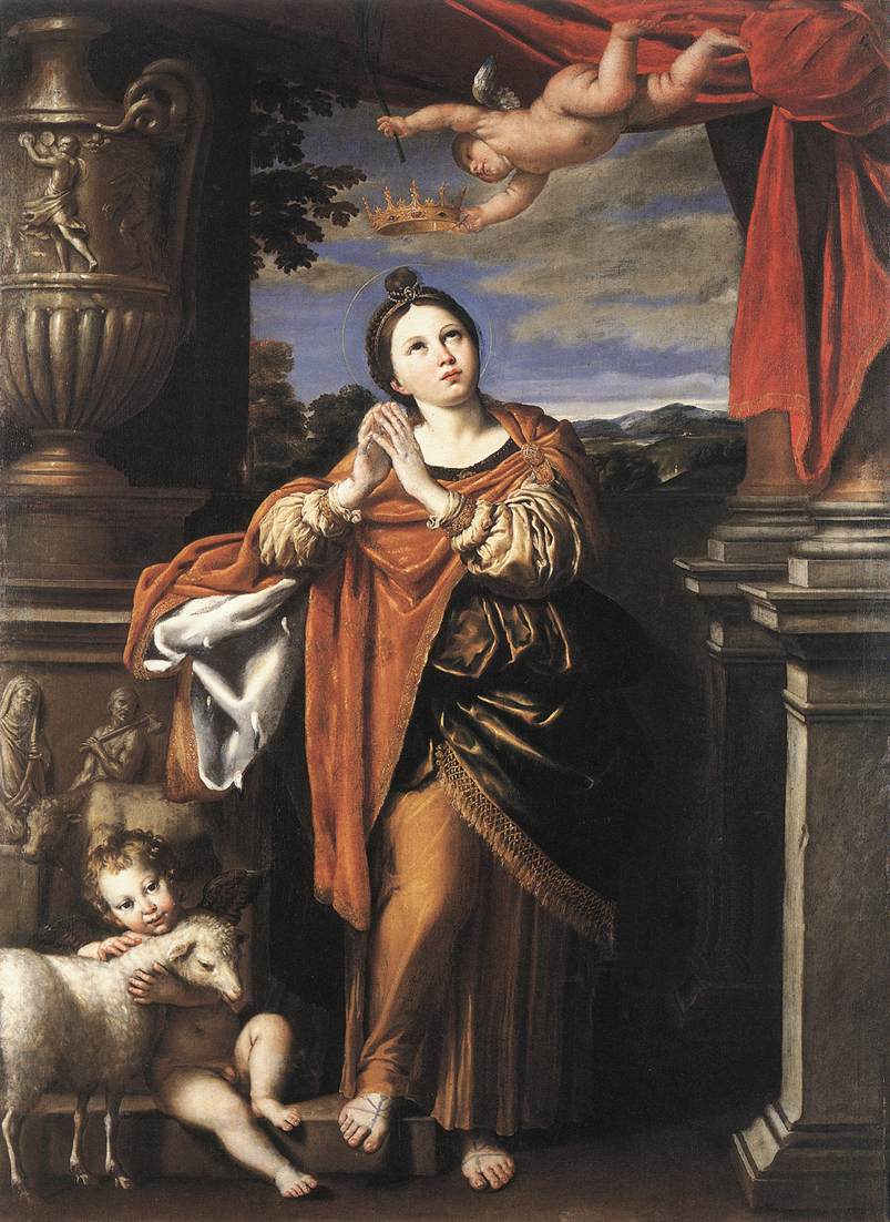 Sainte Agnès de Rome : Agnès tenant une palme, avec un agneau à ses pieds, dans un tableau du Dominiquin.