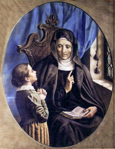 Sainte Angèle Merici : Angèle Merici enseignant à un enfant placé près d’elle, dans un pastel ancien.