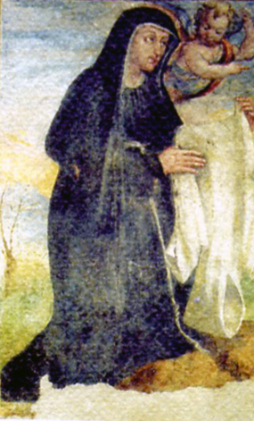 Bienheureuse Jacqueline de Settesoli : Jacqueline de Settesoli en habit religieux, portant un cierge dans une peinture ancienne.