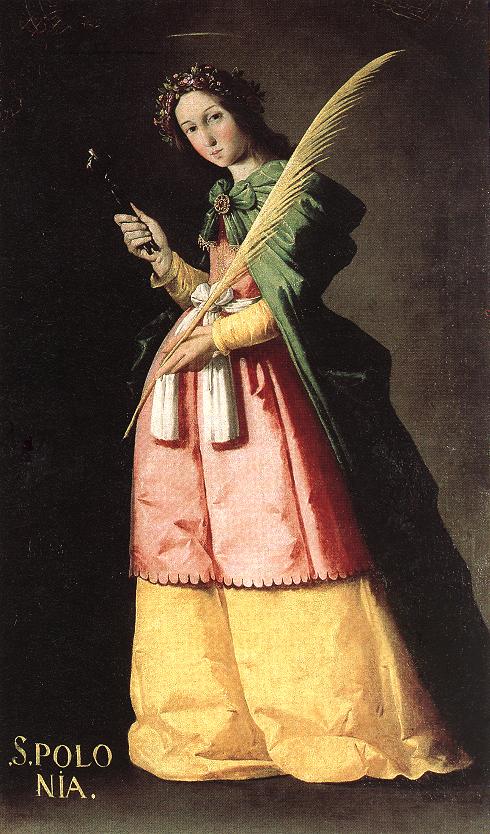 Sainte Apolline d’Alexandrie : Apolline tenant une palme et une pince, dans un tableau de Zurbarán.
