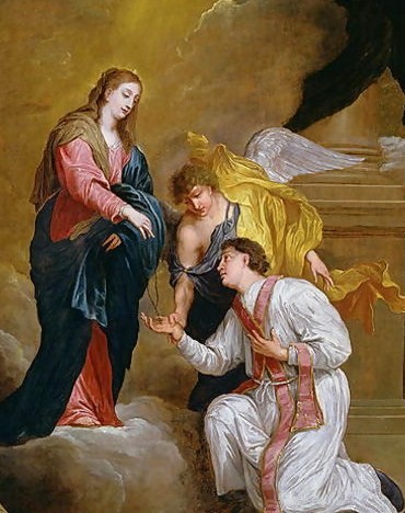 Saint Valentin de Terni : Valentin agenouillé devant la Vierge et l’Enfant, dans une peinture de David Teniers III.