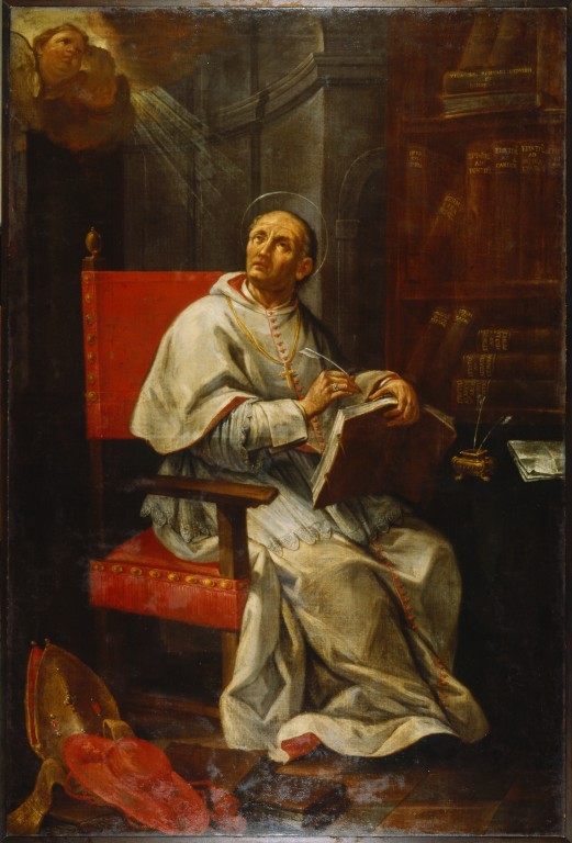 Saint Pierre Damien : Pierre Damien en habit religieux, assis près de livres et d’un crucifix.