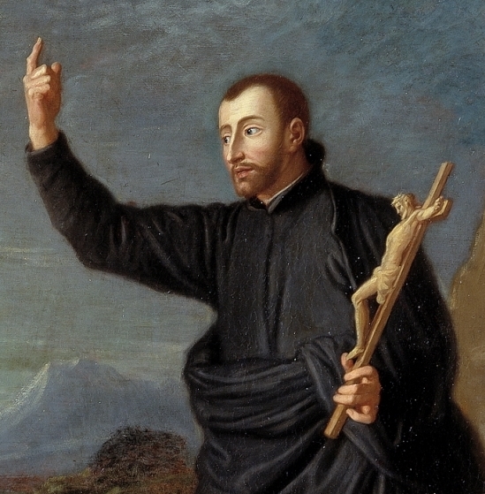 Saint Jean-François Régis : Jean-François Régis tenant un crucifix et levant la main, dans une peinture de Houasse.