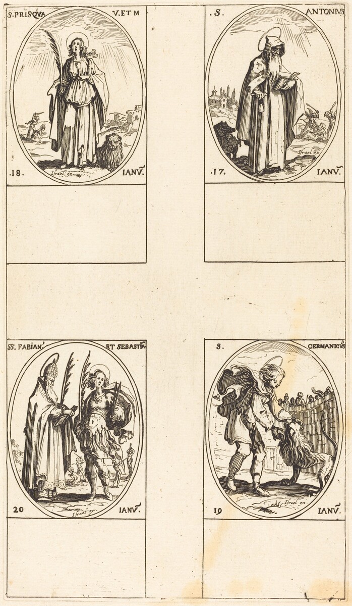 Sainte Prisca de Rome : Planche de Jacques Callot comprenant Prisca de Rome.