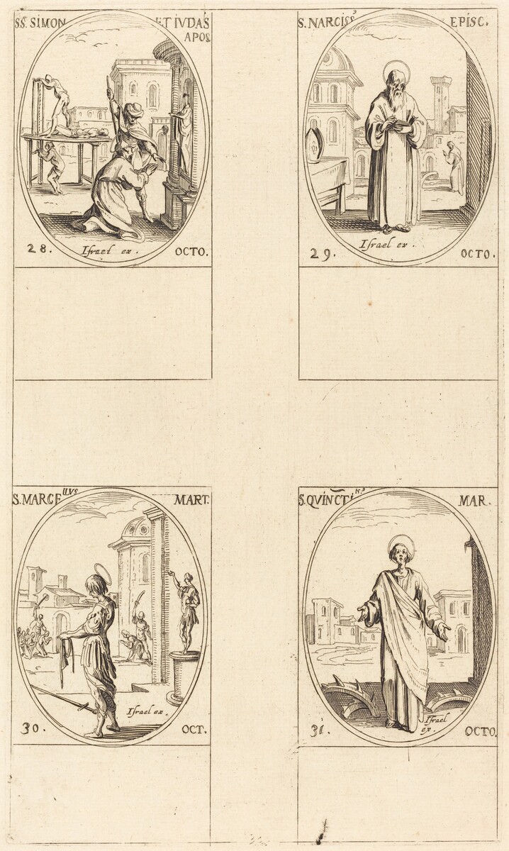 Saint Quentin : Planche de Jacques Callot comprenant Quentin et Narcisse.