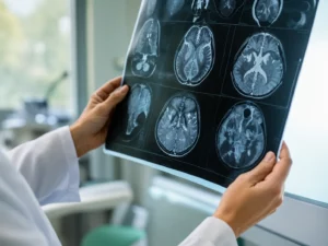 Journée mondiale de la paralysie cérébrale - Mains d'un neurologue tenant une IRM cérébrale d'enfant, examen utilisé dans le diagnostic de la paralysie cérébrale