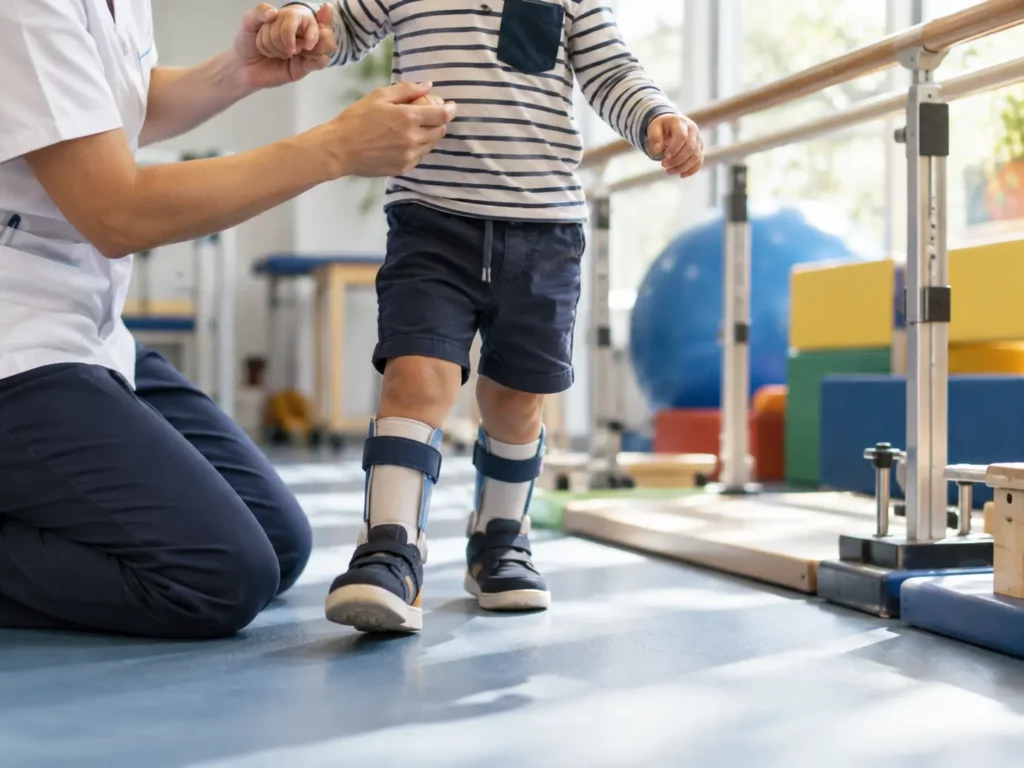 Journée mondiale de la paralysie cérébrale - Enfant avec paralysie cérébrale portant des attelles, guidé par un kinésithérapeute lors d'une séance de rééducation