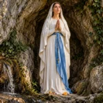 Notre-Dame de Lourdes dans la grotte, vêtue de blanc avec ceinture bleue et chapelet