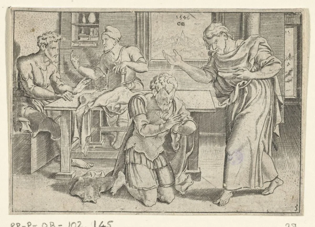 Saint Ananie de Damas : Ananie baptise Paul, gravure de Cornelis Bos, 1546.
