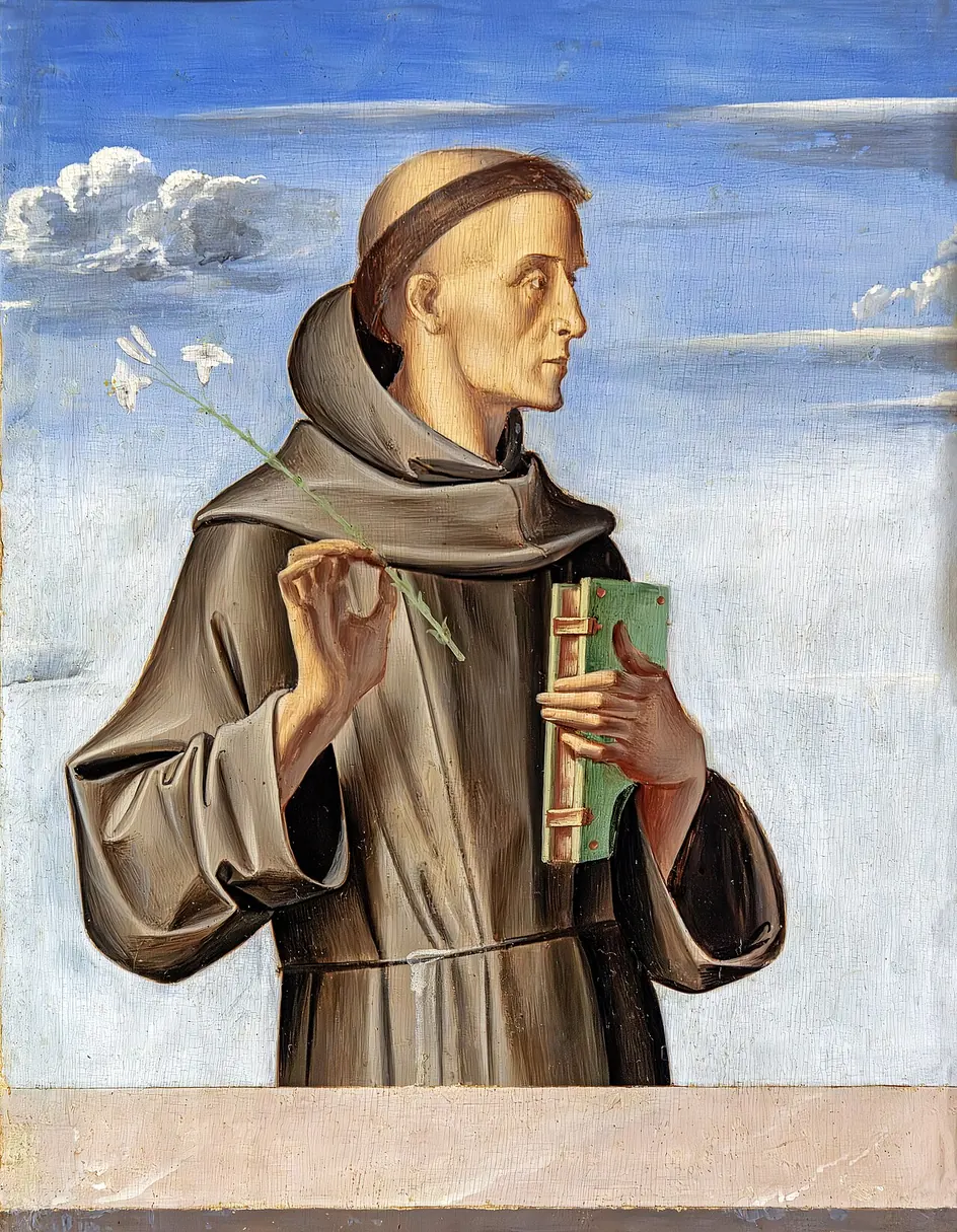 Saint Antoine de Padoue : Antoine de Padoue en habit franciscain, tenant un livre et des fleurs de lys.