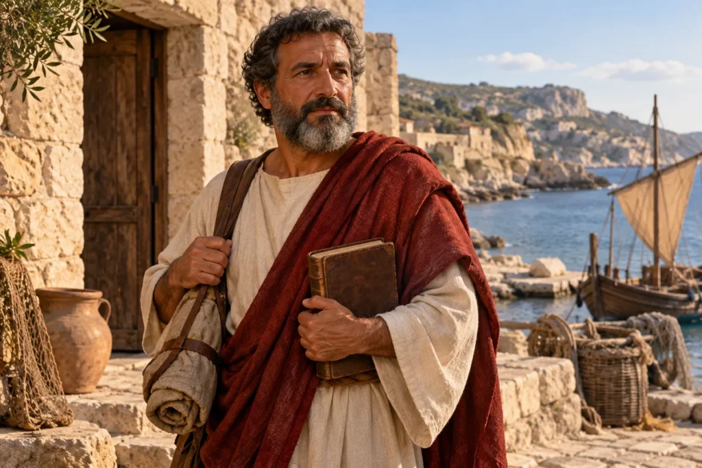 Saint Barnabé avec un livre, dans un décor évoquant Chypre antique