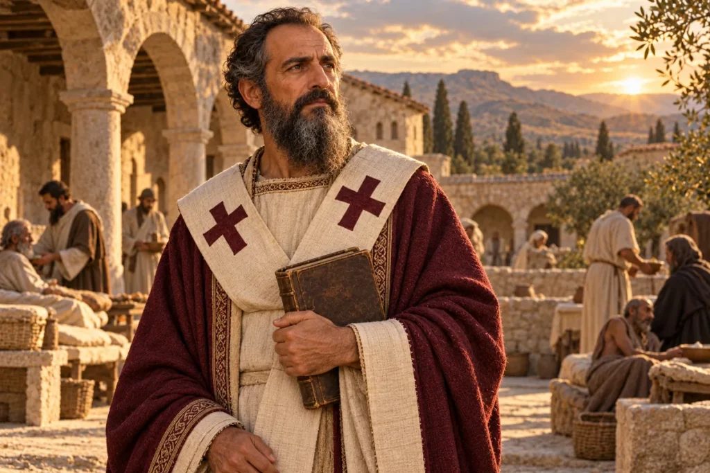 Saint Basile le Grand tenant un livre dans un décor évoquant la Basiliade
