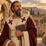 Saint Basile le Grand tenant un livre dans un décor évoquant la Basiliade