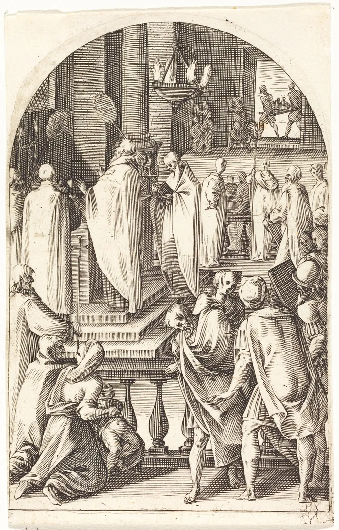 Saint Basile : Basile célébrant la messe devant un autel, estampe de Jacques Callot.