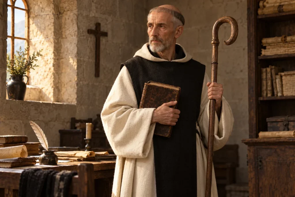 Saint Bernard de Clairvaux en cistercien, avec livre et crosse abbatiale