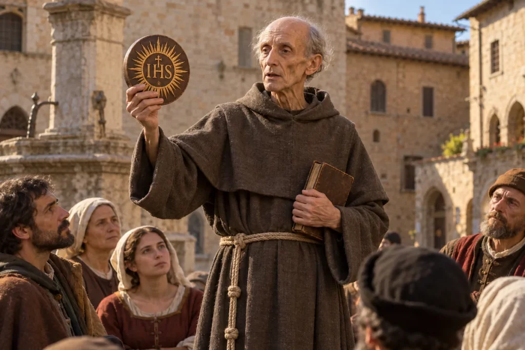 Saint Bernardin de Sienne présentant le monogramme IHS, en habit franciscain