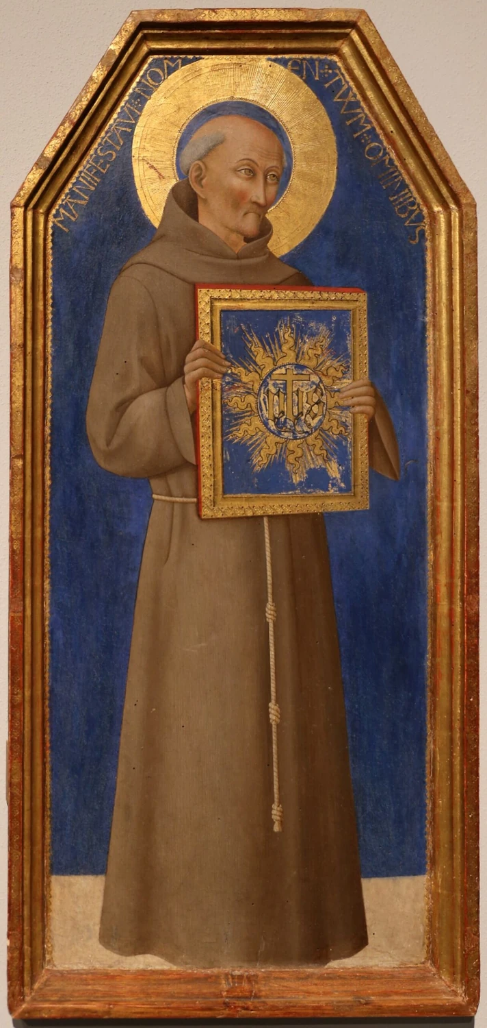 Saint Bernardin de Sienne : Bernardin de Sienne en habit franciscain, tenant un livre sur fond doré.