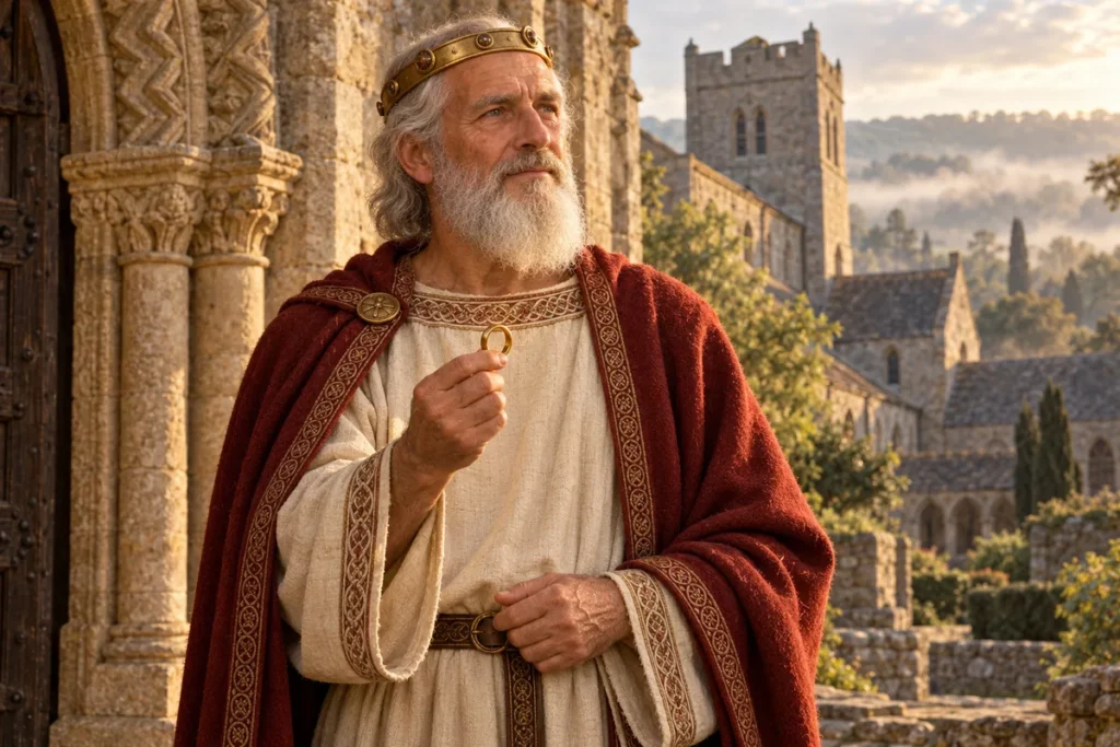 Saint Édouard le Confesseur tenant un anneau, avec une couronne royale