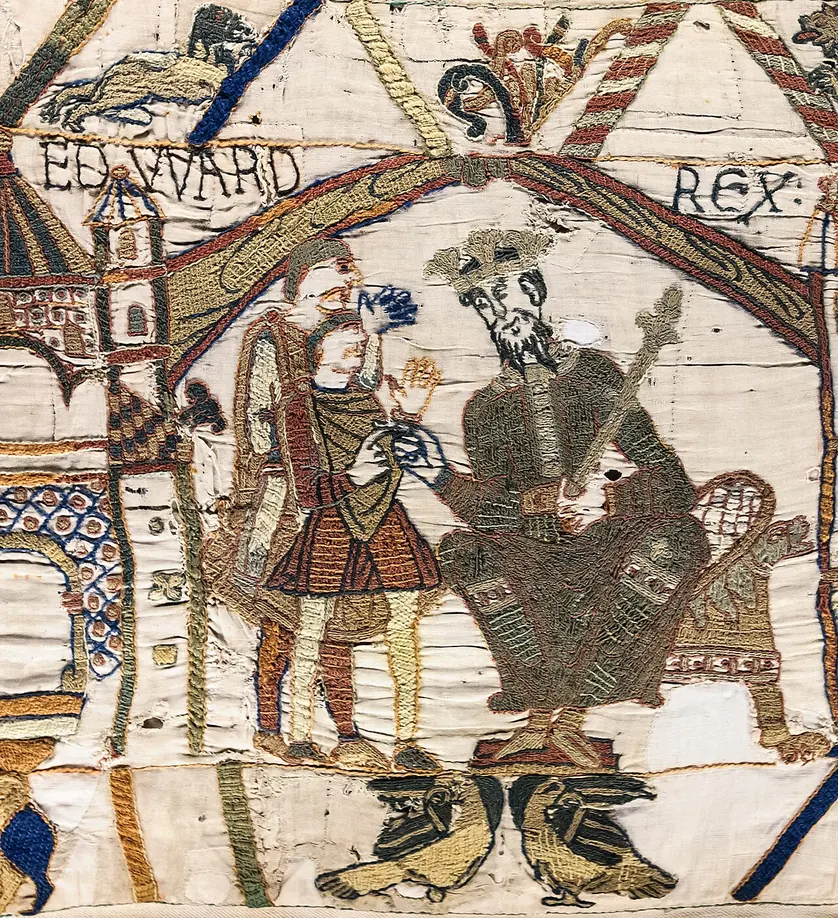 Saint Édouard le Confesseur : Édouard le Confesseur assis sur son trône, dans la première scène de la tapisserie de Bayeux.