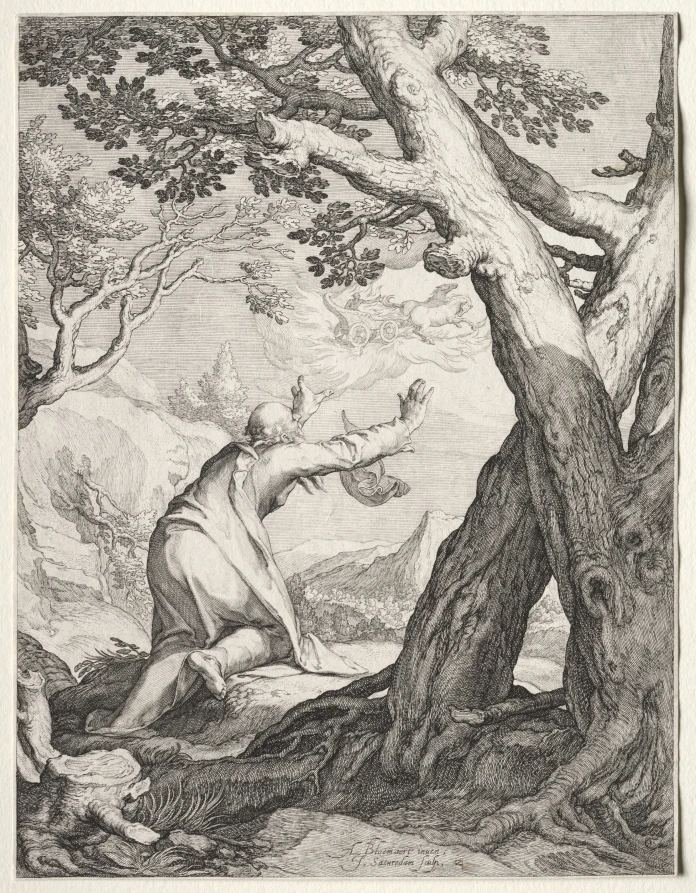 Saint Élisée : Élisée et le char de feu d’Élie, gravure de 1604.