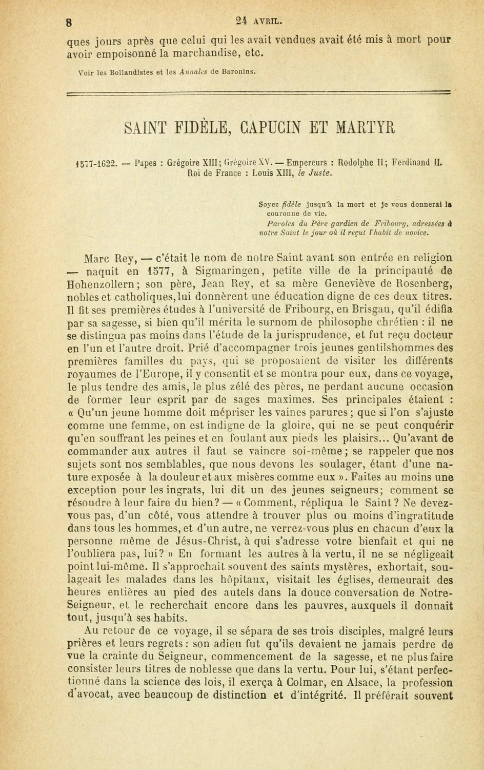 Saint Fidèle de Sigmaringen : Page ancienne des Petits Bollandistes consacrée à Fidèle de Sigmaringen.