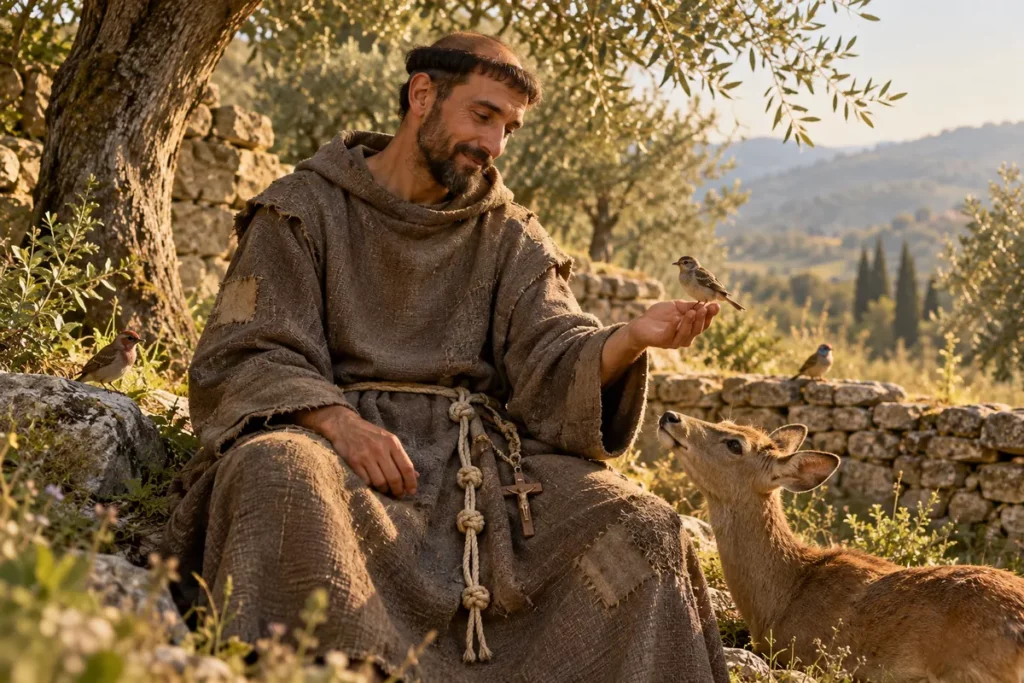Saint François d’Assise avec une croix et des oiseaux, dans un paysage d’Ombrie