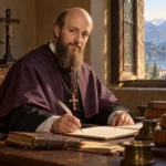 Saint François de Sales écrivant auprès de livres dans un cabinet de travail