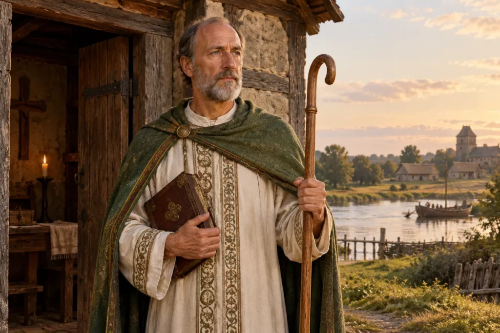Saint Frédéric d’Utrecht avec livre et bâton pastoral, dans un décor carolingien