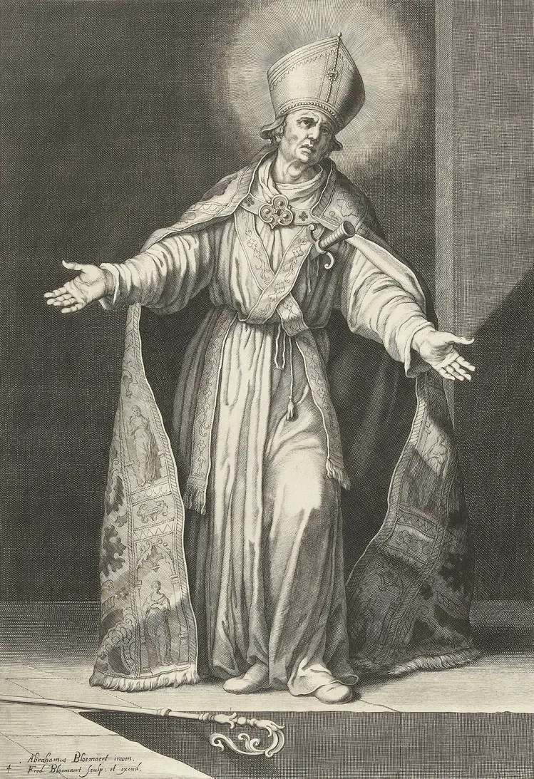 Saint Frédéric d’Utrecht : Gravure de Frédéric d’Utrecht mitré, les bras ouverts.