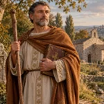 Saint Gaston : Saint Vaast, associé au prénom Gaston, tenant un livre près d’un relief d’ours symbolique