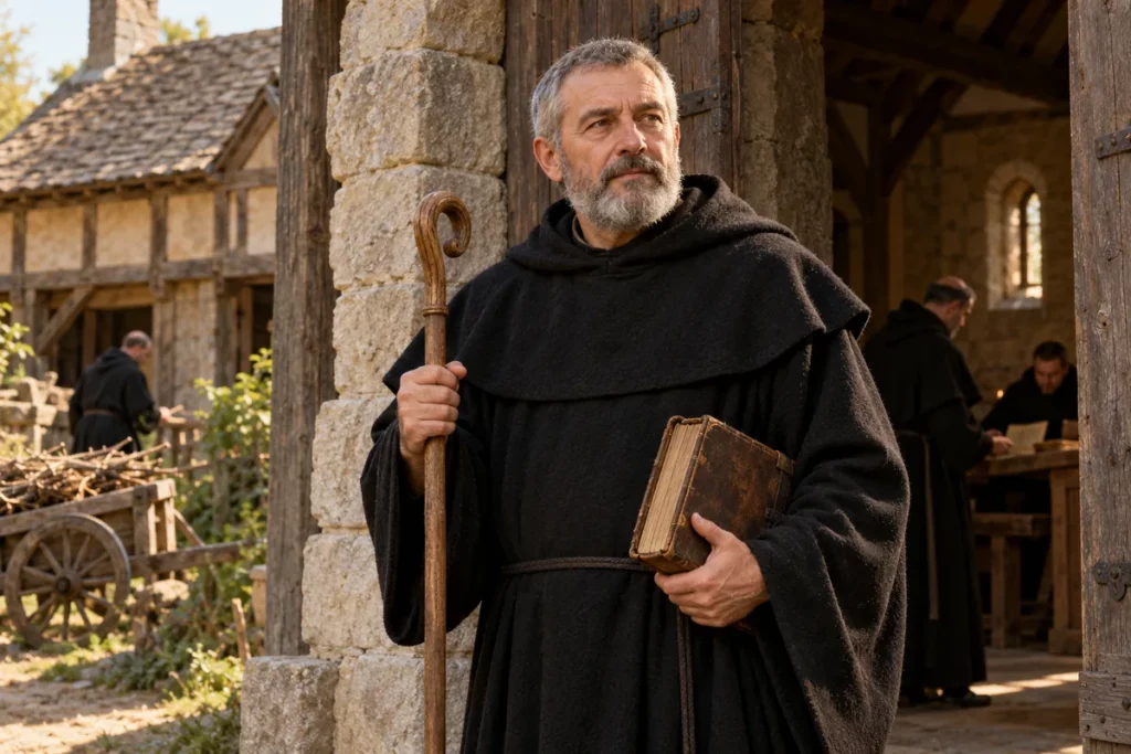 Saint Gérard de Brogne en moine bénédictin, avec livre et bâton