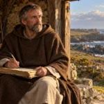 Saint Gildas le Sage auprès d’un manuscrit dans un décor côtier
