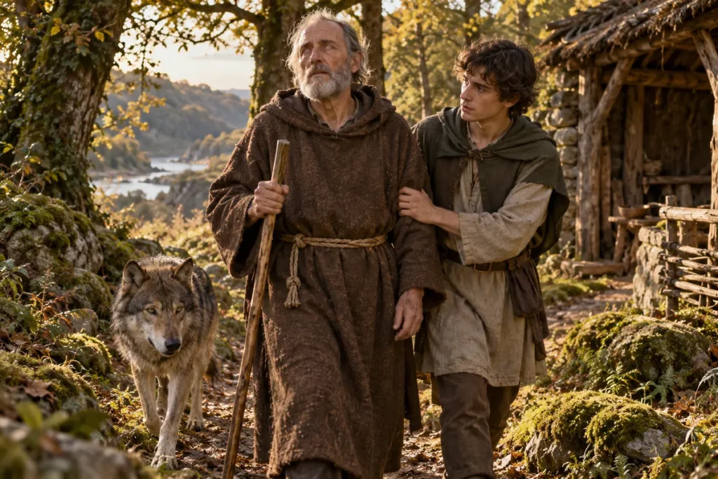 Saint Hervé avec son bâton, un guide et un loup évoquant la légende bretonne